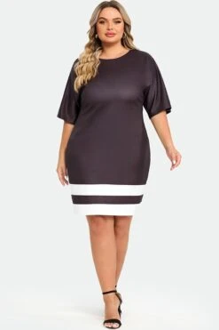 Black＆White Short Sleeve Round Neck Midi Dress -Sandy Bikinis Shop c sd033001 3