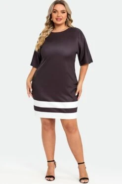 Black＆White Short Sleeve Round Neck Midi Dress -Sandy Bikinis Shop c sd033001 4