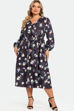 Black Floral Long Sleeve V Neck Midi Dress -Sandy Bikinis Shop c sd034001 4