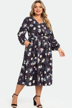 Black Floral Long Sleeve V Neck Midi Dress -Sandy Bikinis Shop c sd034001 5