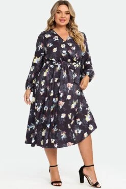 Black Floral Long Sleeve V Neck Midi Dress -Sandy Bikinis Shop c sd034001 6