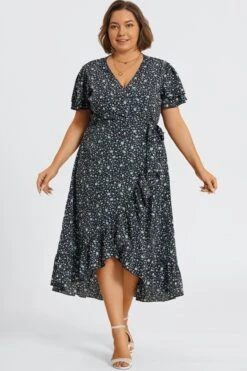Black Floral Short Sleeve Peplum V Neck Maxi Dress
