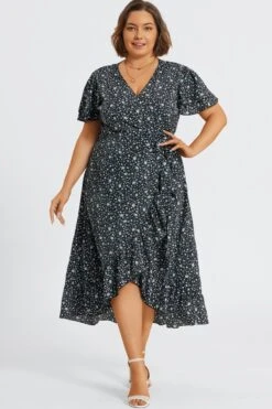 Black Floral Short Sleeve Peplum V Neck Maxi Dress -Sandy Bikinis Shop c sd036001 3