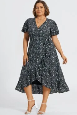 Black Floral Short Sleeve Peplum V Neck Maxi Dress -Sandy Bikinis Shop c sd036001 4