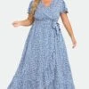 Plus Size Floral Flutter Sleeve Ruffle Belted Maxi Dress