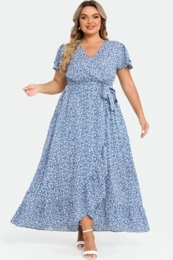 Plus Size Floral Flutter Sleeve Ruffle Belted Maxi Dress