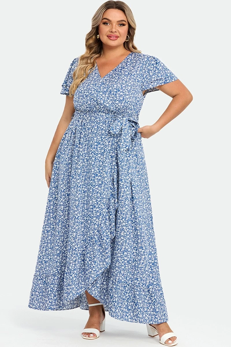 Plus Size Floral Flutter Sleeve Ruffle Belted Maxi Dress 3 Plus Size Floral Flutter Sleeve Ruffle Belted Maxi Dress - Image 3
