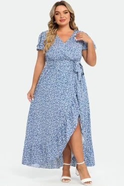 Plus Size Floral Flutter Sleeve Ruffle Belted Maxi Dress 9 Plus Size Floral Flutter Sleeve Ruffle Belted Maxi Dress -Sandy Bikinis Shop c sd036002 4