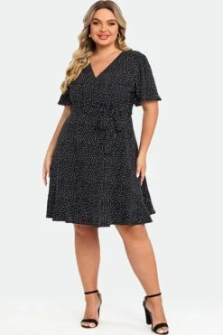 White Polka Dots Print Short Sleeve Wrap Midi Dress