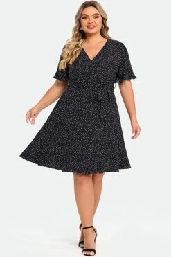 White Polka Dots Print Short Sleeve Wrap Midi Dress -Sandy Bikinis Shop c sd037001 3