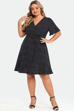 White Polka Dots Print Short Sleeve Wrap Midi Dress -Sandy Bikinis Shop c sd037001 4