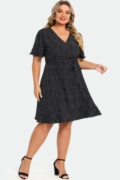 White Polka Dots Print Short Sleeve Wrap Midi Dress -Sandy Bikinis Shop c sd037001 5