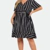 Plus Size Black ＆ White Striped A-Line Midi Dress