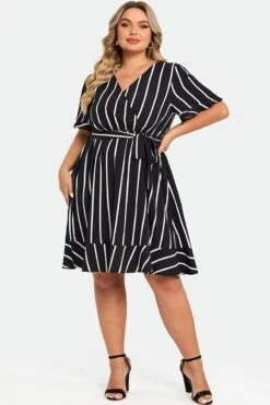 Plus Size Black & White Striped A-Line Midi Dress