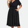 Black V-Neck Puff Sleeves Ruffles Midi Dress
