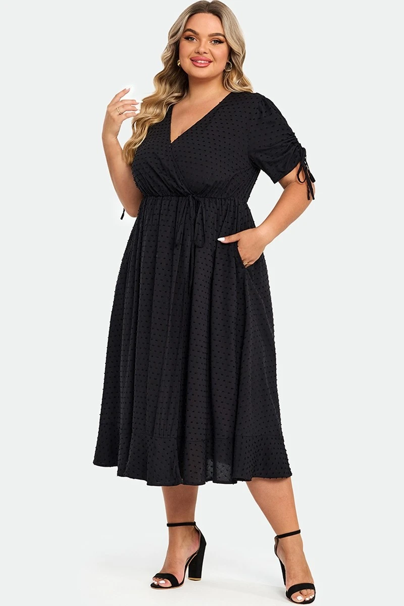 Black V-Neck Puff Sleeves Ruffles Midi Dress 1 Black V-Neck Puff Sleeves Ruffles Midi Dress
