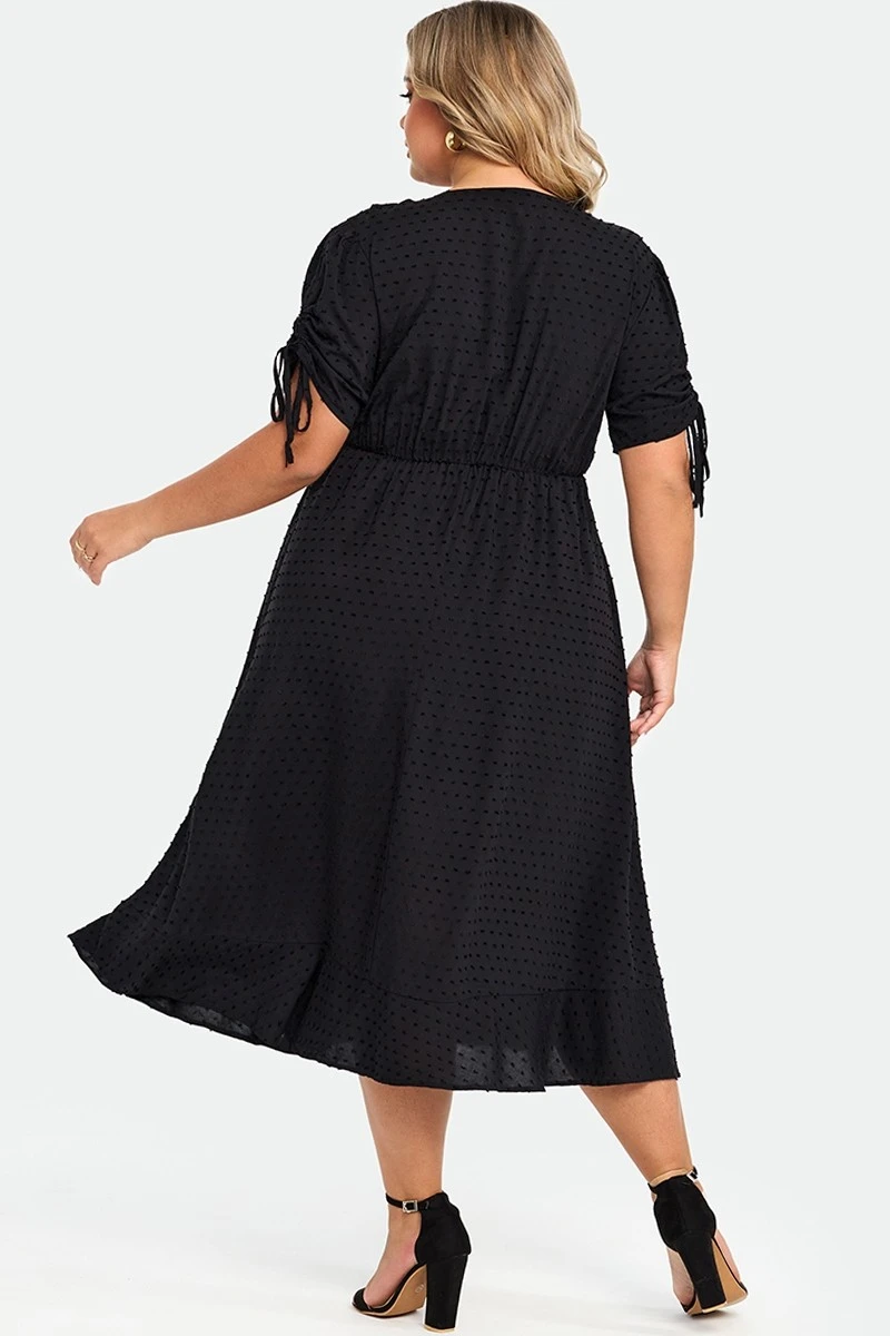 Black V-Neck Puff Sleeves Ruffles Midi Dress 2 Black V-Neck Puff Sleeves Ruffles Midi Dress - Image 2