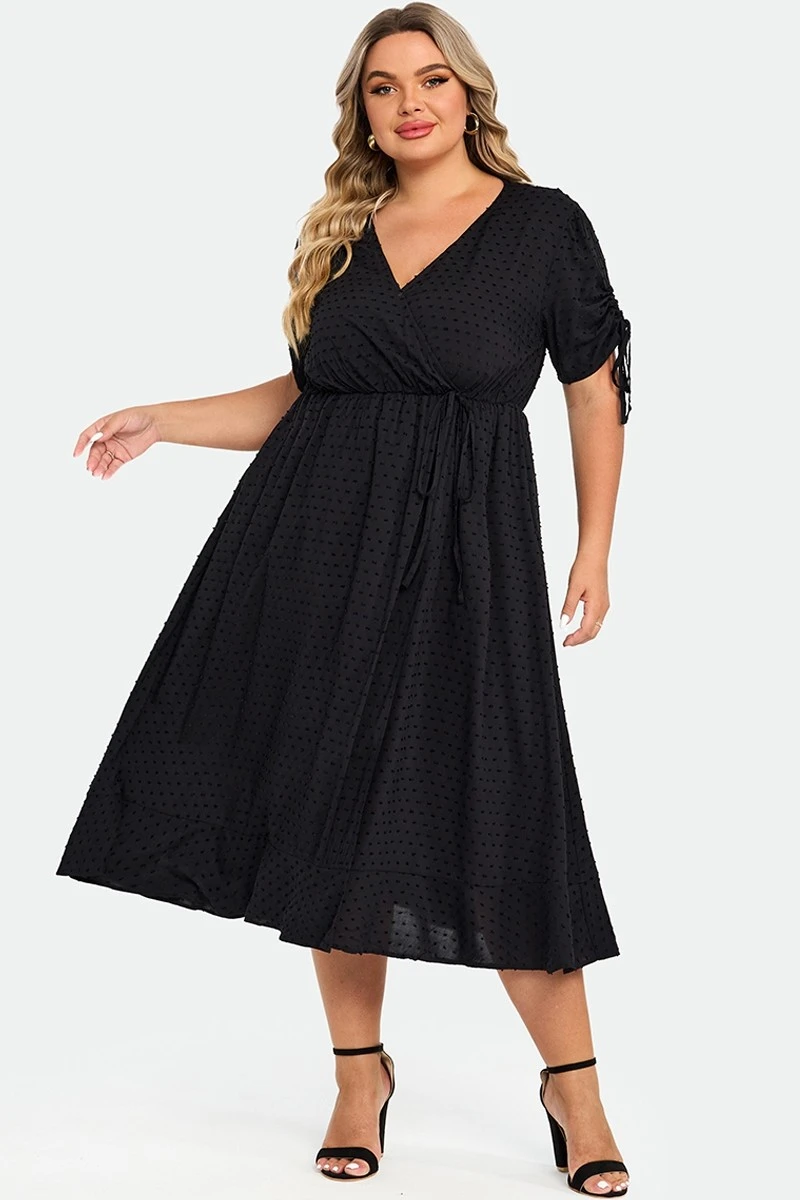 Black V-Neck Puff Sleeves Ruffles Midi Dress 3 Black V-Neck Puff Sleeves Ruffles Midi Dress - Image 3