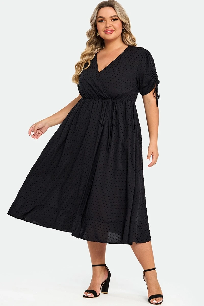 Black V-Neck Puff Sleeves Ruffles Midi Dress 5 Black V-Neck Puff Sleeves Ruffles Midi Dress - Image 5