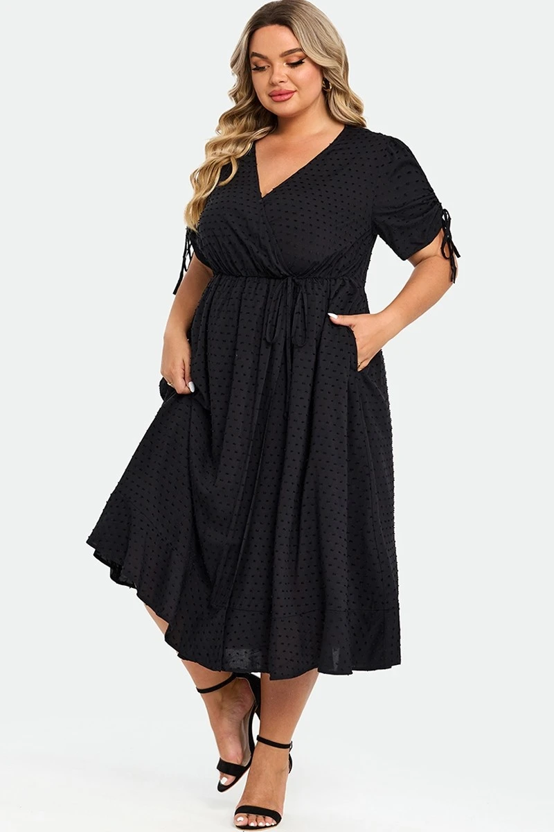 Black V-Neck Puff Sleeves Ruffles Midi Dress 4 Black V-Neck Puff Sleeves Ruffles Midi Dress - Image 4