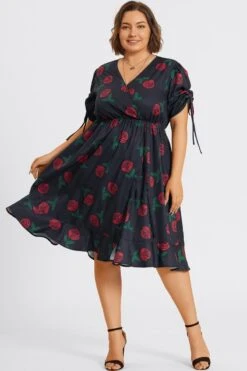 Floral Print V-Neck Puff Sleeves Ruffles Midi Dress