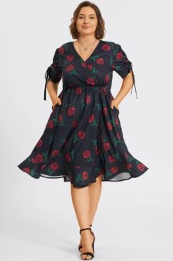 Floral Print V-Neck Puff Sleeves Ruffles Midi Dress -Sandy Bikinis Shop c sd040002 3