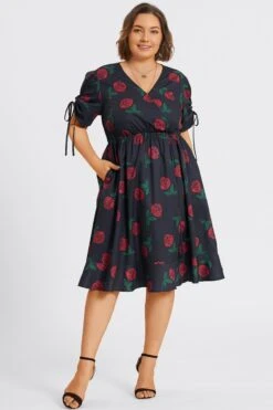 Floral Print V-Neck Puff Sleeves Ruffles Midi Dress -Sandy Bikinis Shop c sd040002 4