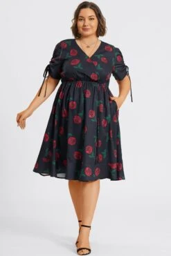 Floral Print V-Neck Puff Sleeves Ruffles Midi Dress -Sandy Bikinis Shop c sd040002 5