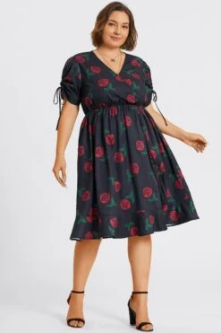 Floral Print V-Neck Puff Sleeves Ruffles Midi Dress -Sandy Bikinis Shop c sd040002 6