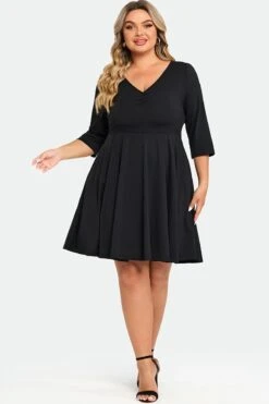 Black Wrap Shirring 3/4 Sleeves Pocket Midi Dress -Sandy Bikinis Shop c sd042001 3