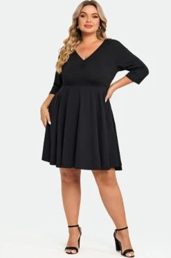 Black Wrap Shirring 3/4 Sleeves Pocket Midi Dress -Sandy Bikinis Shop c sd042001 4