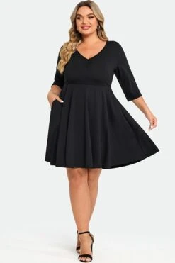 Black Wrap Shirring 3/4 Sleeves Pocket Midi Dress -Sandy Bikinis Shop c sd042001 5