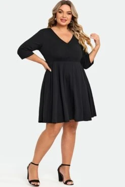 Black Wrap Shirring 3/4 Sleeves Pocket Midi Dress -Sandy Bikinis Shop c sd042001 6
