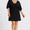 V-Neck Solid Color Elastic Eaist Ruffle Long Tunic