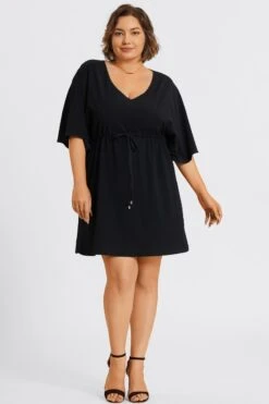 V-Neck Solid Color Elastic Eaist Ruffle Long Tunic