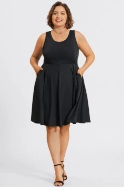 Square Neck Sleeveless Front Pocket Skater Midi Dress -Sandy Bikinis Shop c sd048001 3