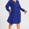 V-Neck Plain Navy Tie Shirt Midi Dress