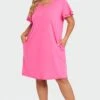 Plus Size V-Neck Pink Ruffle Sleeves Midi Dress