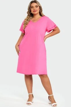 Plus Size V-Neck Pink Ruffle Sleeves Midi Dress -Sandy Bikinis Shop c sd052001 3