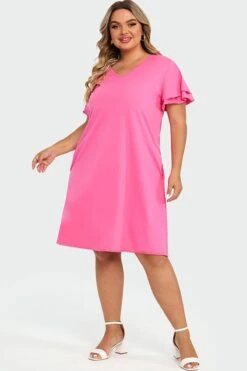 Plus Size V-Neck Pink Ruffle Sleeves Midi Dress -Sandy Bikinis Shop c sd052001 4
