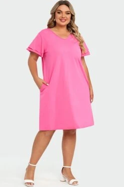 Plus Size V-Neck Pink Ruffle Sleeves Midi Dress -Sandy Bikinis Shop c sd052001 5
