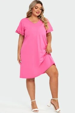 Plus Size V-Neck Pink Ruffle Sleeves Midi Dress -Sandy Bikinis Shop c sd052001 6