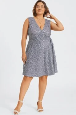 Blue Grey Print Wrap Look Printed Midi Dress