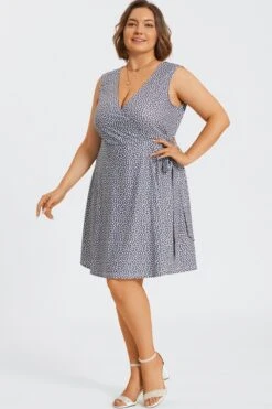 Blue Grey Print Wrap Look Printed Midi Dress -Sandy Bikinis Shop c sd058001 5