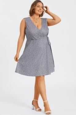 Blue Grey Print Wrap Look Printed Midi Dress -Sandy Bikinis Shop c sd058001 6