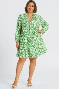 Green Floral Print Tie Neck Smock Midi Dress