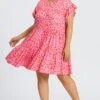 Pink Leopard Print Ruffle Short Sleeves Midi Dress