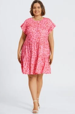 Pink Leopard Print Ruffle Short Sleeves Midi Dress -Sandy Bikinis Shop c sd066001 3