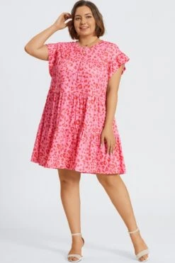 Pink Leopard Print Ruffle Short Sleeves Midi Dress -Sandy Bikinis Shop c sd066001 5