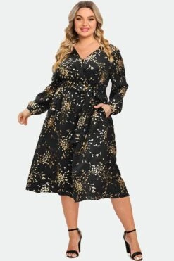 V-Neck Floral Pocket Long Sleeve Belted Dress
